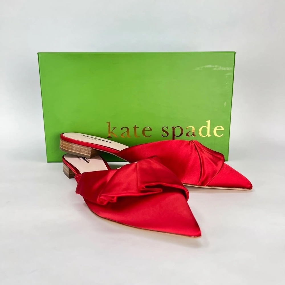 Kate Spade Faryn Red Satin Bow Pointed Toe Mules S110170 Womens 6.5M New